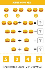 Addition with cartoon burger. Educational math game for kids.