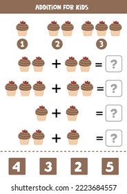 Adición con un quequito de chocolate con dibujos animados. Juego educativo de matemáticas para niños. 