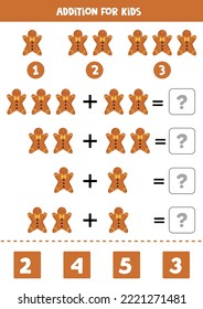 Addition with cartoon Christmas cookie. Educational math game for kids. 