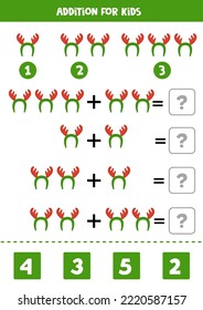 Addition with cartoon Christmas hairband. Educational math game for kids. 