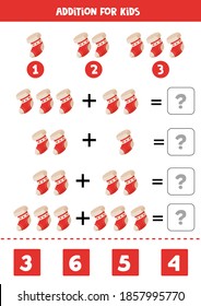 Addition of cartoon Christmas sock. Educational math game for kids. 