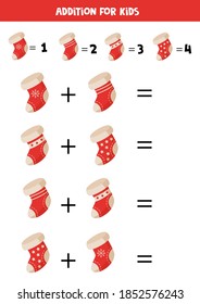 Addition with cartoon Christmas socks. Educational math game for kids.