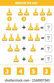 Addition with cartoon dustpan. Educational math game for kids. 