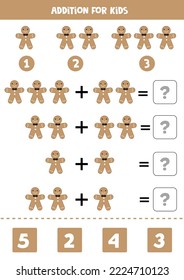 Addition with cartoon gingerbread man. Educational math game for kids. 