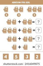 Addition with cartoon gingerbread mitten. Educational math game for kids. 
