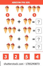 Addition with cartoon ice cream. Educational math game for kids. Solve the equations. Homeschool education. Printable activity page.