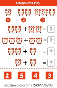 Adición con reloj despertador rojo de dibujos animados. Juego de matemáticas educativas para niños.