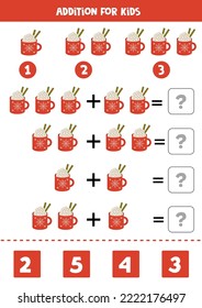 Addition with cartoon red cup. Educational math game for kids. 