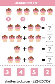 Addition with cartoon tasty cupcake. Educational math game for kids. 