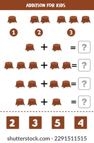 Addition with cartoon tree stump. Educational math game for kids. 
