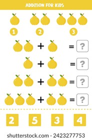 Addition with cartoon yellow quince. Educational math game for kids.