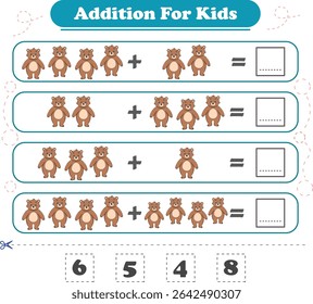 Addition for children. Addition with bear. Worksheets for children. Vector illustration