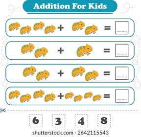 Addition for children. Addition with bungloon. Worksheets for children. Vector illustration
