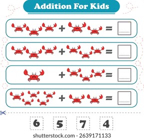 Addition for children. Addition with crab. Worksheets for children. Vector illustration