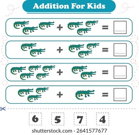 Addition for children. Addition with crocodile. Worksheets for children. Vector illustration