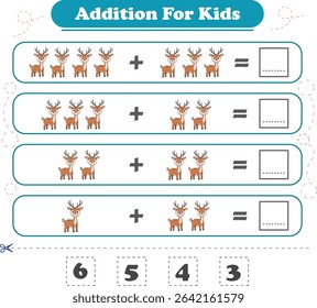 Addition for children. Addition with deer. Worksheets for children. Vector illustration