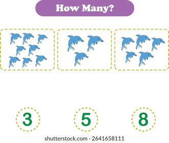 Addition for children. Addition with dolphin. Worksheets for children. Vector illustration