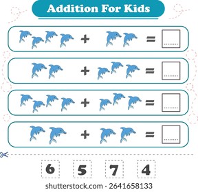 Addition for children. Addition with dolphin. Worksheets for children. Vector illustration