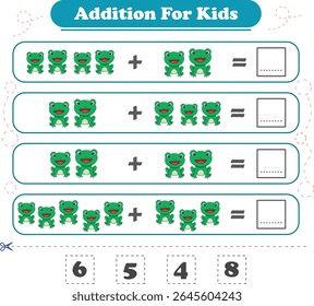 Adição para filhos. Adição com rã. Planilhas para filhos. Ilustração vetorial