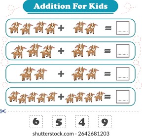 Addition for children. Addition with goat. Worksheets for children. Vector illustration