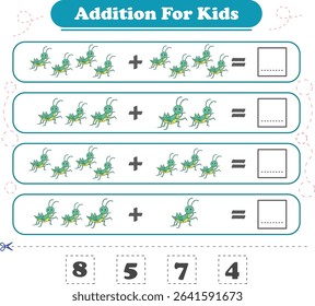 Addition for children. Addition with grasshopper. Worksheets for children. Vector illustration
