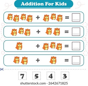 Addition for children. Addition with hamster. Worksheets for children. Vector illustration
