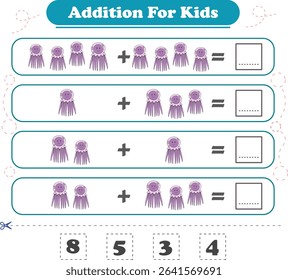 Addition for children. Addition with jellyfish. Worksheets for children. Vector illustration