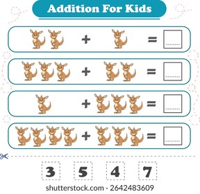 Addition for children. Addition with kangaroo. Worksheets for children. Vector illustration
