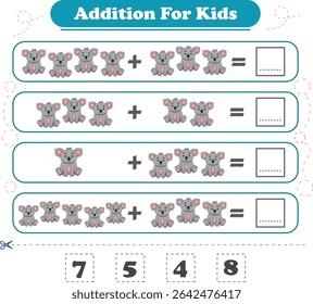 Addition for children. Addition with koala. Worksheets for children. Vector illustration