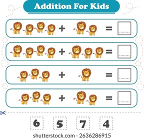 Addition for children. Addition with lions. Worksheets for children. Vector illustration