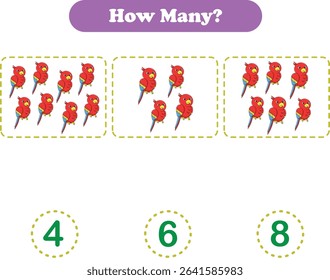 Addition for children. Addition with parrot. Worksheets for children. Vector illustration