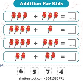 Addition for children. Addition with parrot. Worksheets for children. Vector illustration