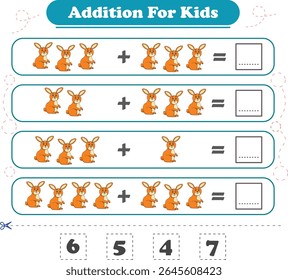 Adição para filhos. Adição com coelho. Planilhas para filhos. Ilustração vetorial