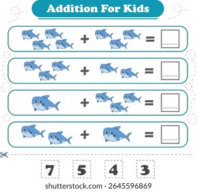 Adição para filhos. Adição com tubarão. Planilhas para filhos. Ilustração vetorial