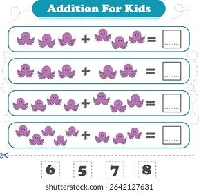 Addition for children. Addition with squid. Worksheets for children. Vector illustration