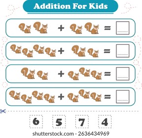 Addition for children. Addition with squirrel. Worksheets for children. Vector illustration