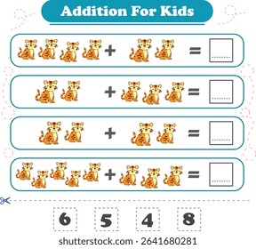 Addition for children. Addition with tiger. Worksheets for children. Vector illustration