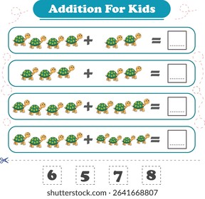 Addition for children. Addition with turtle. Worksheets for children. Vector illustration