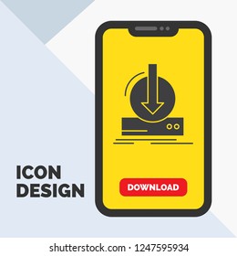 Addition, content, dlc, download, game Glyph Icon in Mobile for Download Page. Yellow Background
