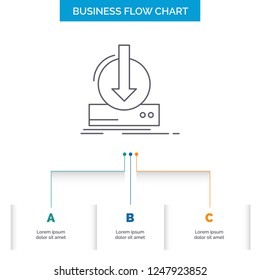 Addition, content, dlc, download, game Business Flow Chart Design with 3 Steps. Line Icon For Presentation Background Template Place for text