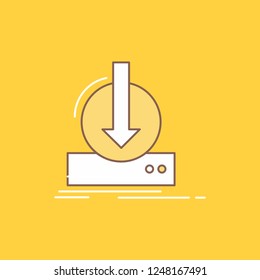 Addition, content, dlc, download, game Flat Line Filled Icon. Beautiful Logo button over yellow background for UI and UX, website or mobile application