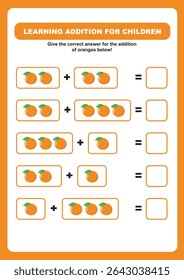 addition and counting practice sheets for kids, using the orange picture method, learning addition and counting math for preschool and kindergarten children, kids math quizzes