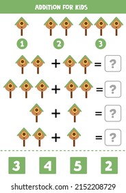 Addition with cute birdhouse. Educational math game for kids. 