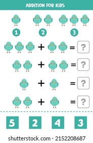 Addition with cute blue bird. Educational math game for kids. 