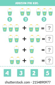 Addition with cute blue bucket. Educational math game for kids. 