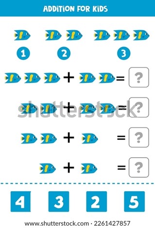 Addition with cute blue fish. Educational math game for kids. 