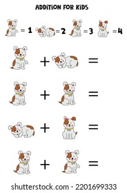 Adición con perros lindos marrones. Juego educativo de matemáticas para niños. 