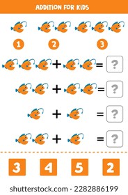 Addition with cute cartoon angler fish. Educational math game for kids. 