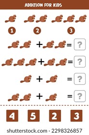 Adición con un lindo castor de dibujos animados. Juego educativo de matemáticas para niños. 