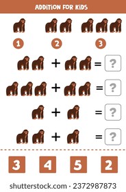 Addition with cute cartoon brown gorilla. Educational math game for kids. 